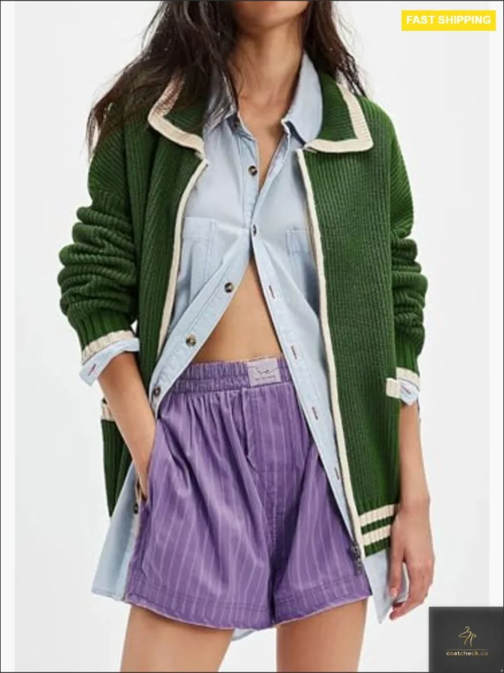 Oversized Zip Up Cardigan Sweater Women Casual Knit Outerwear Contrast Trim - Picture 5 of 7